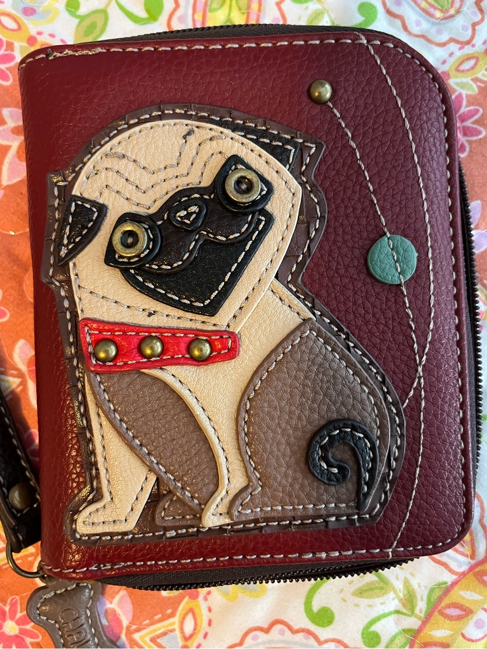 Chala Pug Zip Around Burgundy Wristlet Wallet
